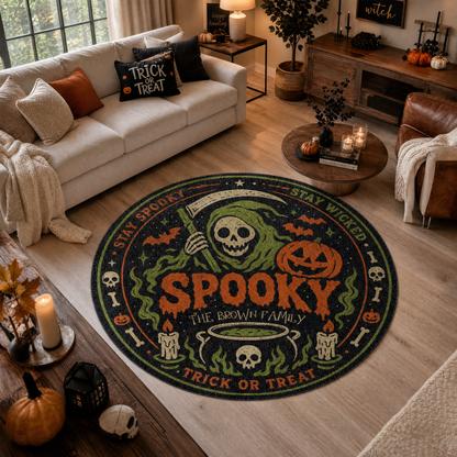 Personalized Halloween Grim Reaper Spooky Cauldron Round Rug Custom Family Name Home Decor Floor Mat