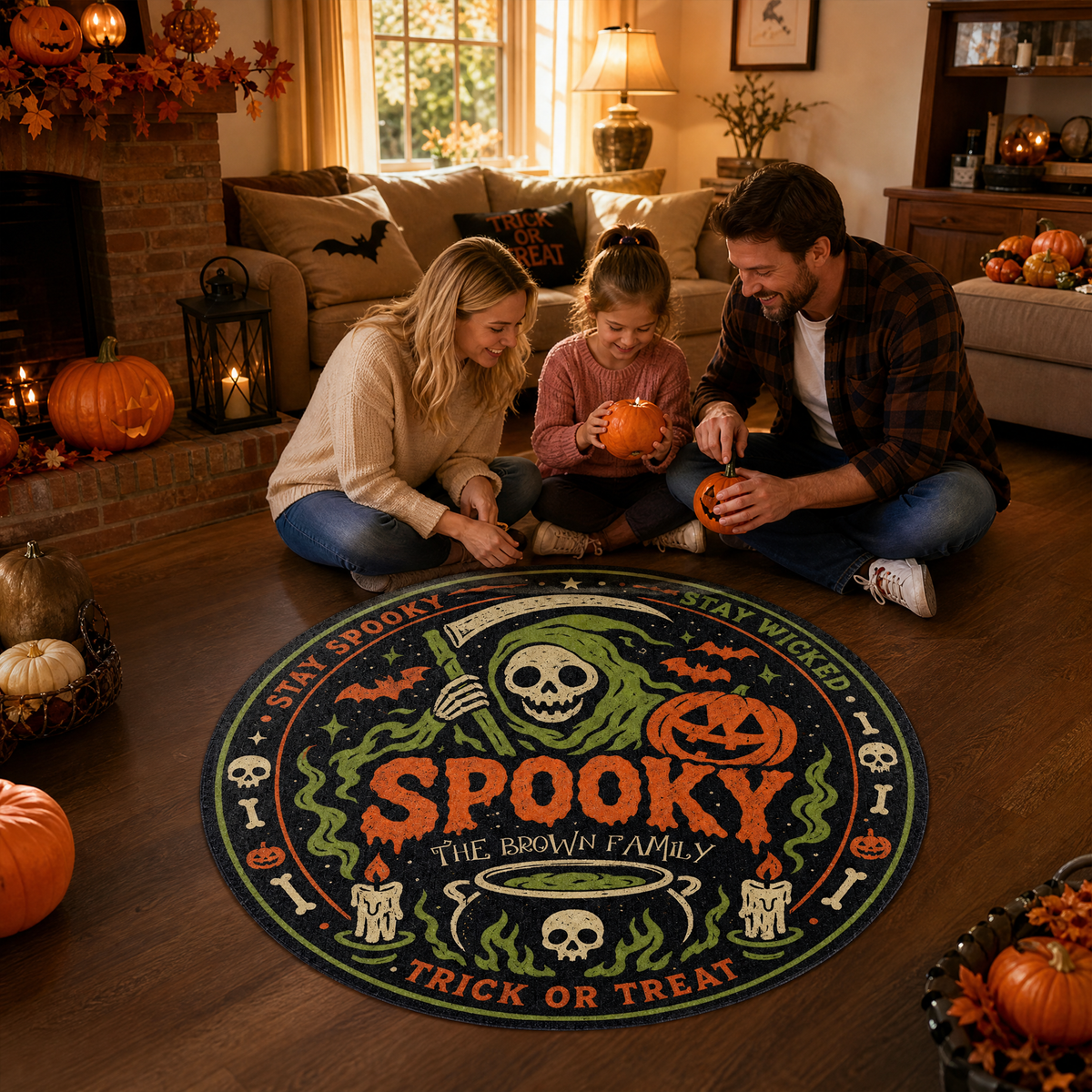 Personalized Halloween Grim Reaper Spooky Cauldron Round Rug Custom Family Name Home Decor Floor Mat