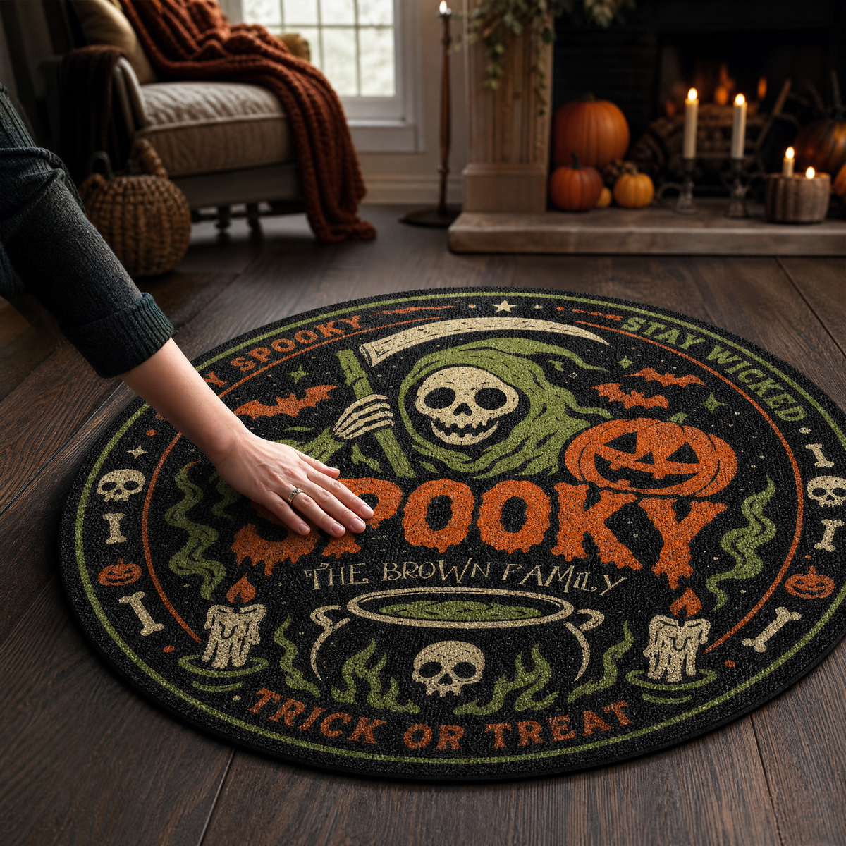 Personalized Halloween Grim Reaper Spooky Cauldron Round Rug Custom Family Name Home Decor Floor Mat
