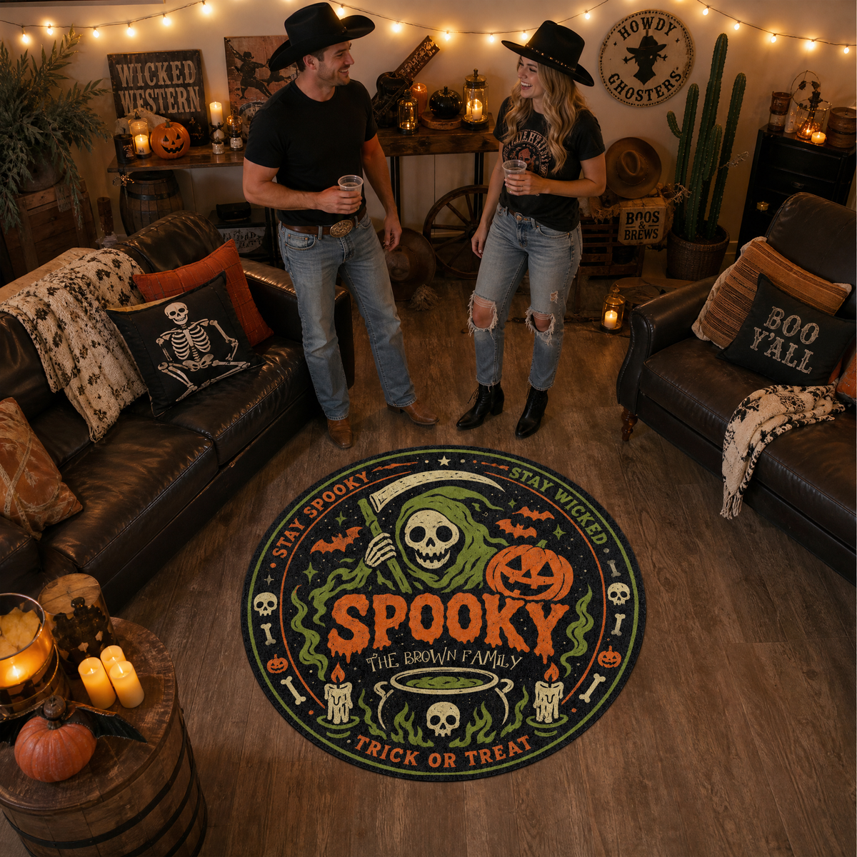 Personalized Halloween Grim Reaper Spooky Cauldron Round Rug Custom Family Name Home Decor Floor Mat