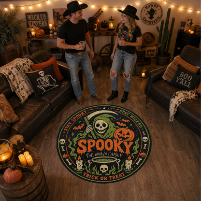 Personalized Halloween Grim Reaper Spooky Cauldron Round Rug Custom Family Name Home Decor Floor Mat