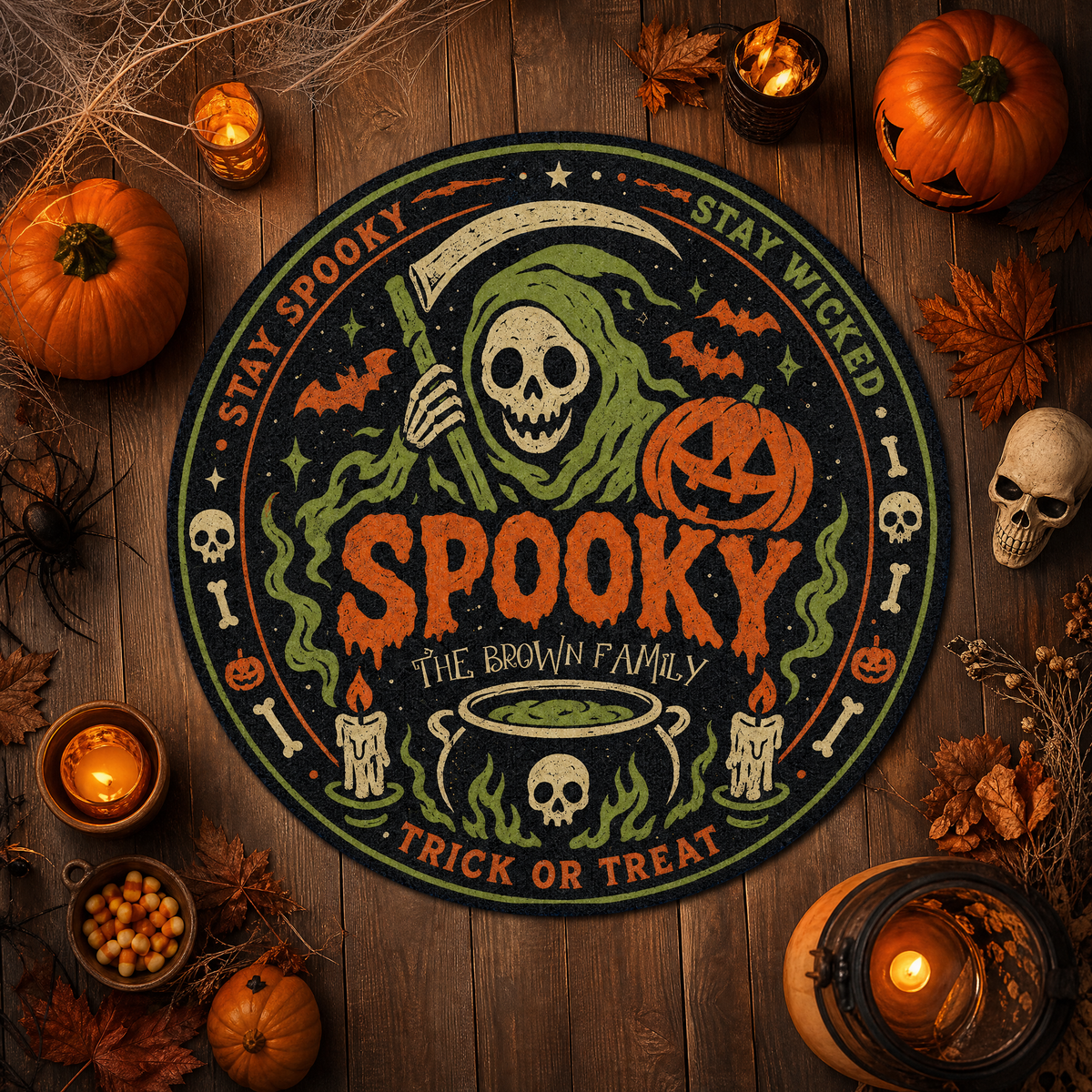 Personalized Halloween Grim Reaper Spooky Cauldron Round Rug Custom Family Name Home Decor Floor Mat