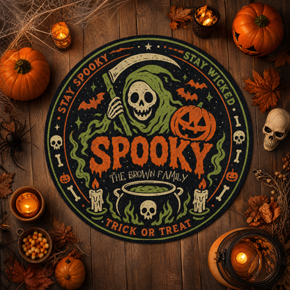 Personalized Halloween Grim Reaper Spooky Cauldron Round Rug Custom Family Name Home Decor Floor Mat