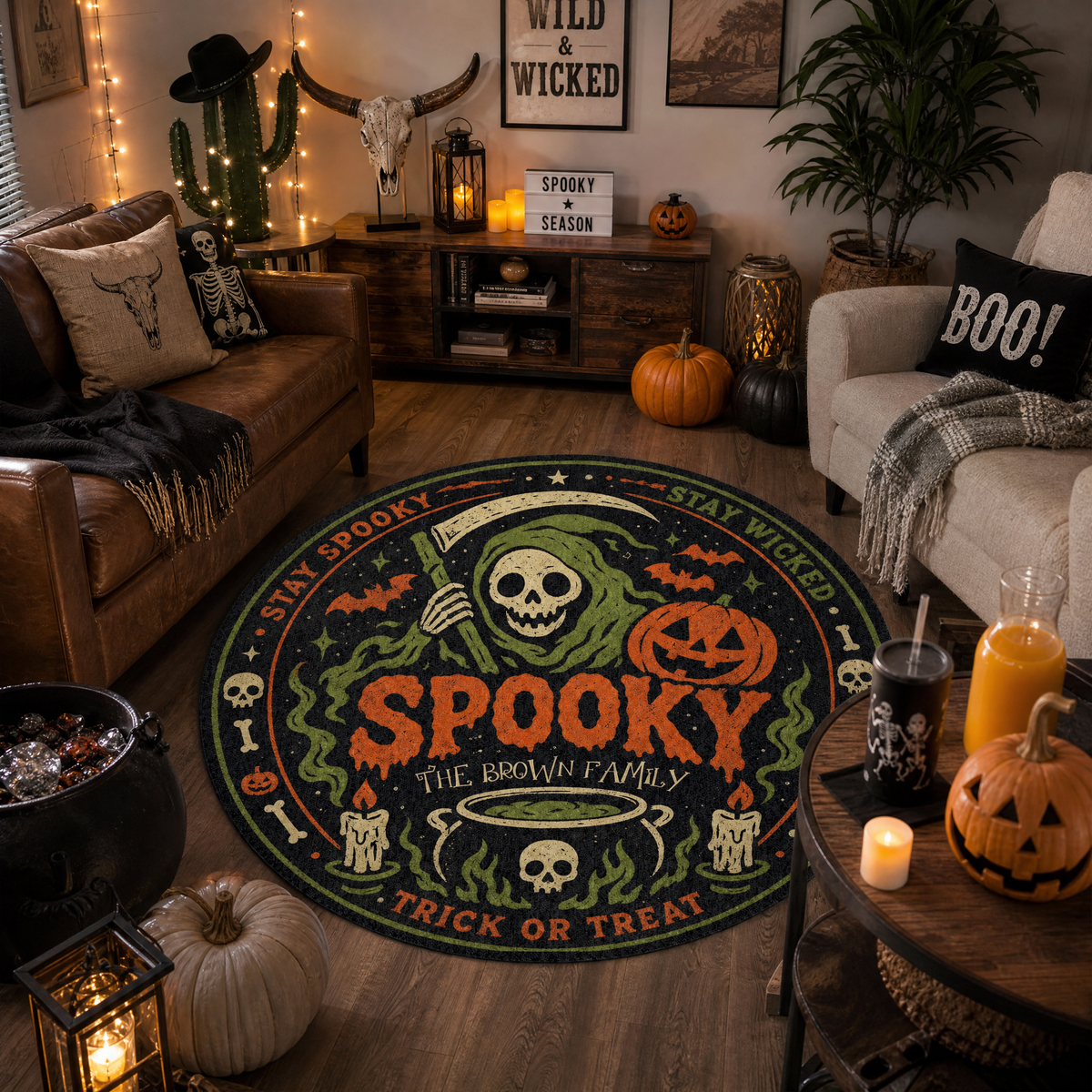 Personalized Halloween Grim Reaper Spooky Cauldron Round Rug Custom Family Name Home Decor Floor Mat