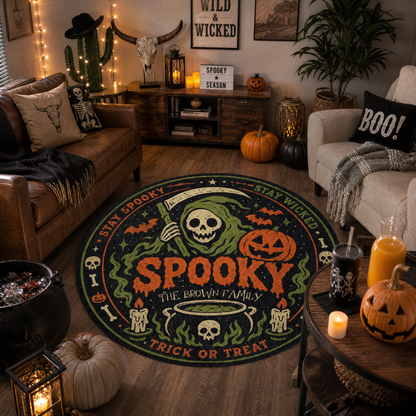 Personalized Halloween Grim Reaper Spooky Cauldron Round Rug Custom Family Name Home Decor Floor Mat
