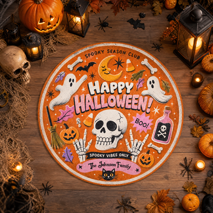 Personalized Happy Halloween Skull Ghost Spooky Season Club Round Rug Custom Family Name Home Decor Floor Mat