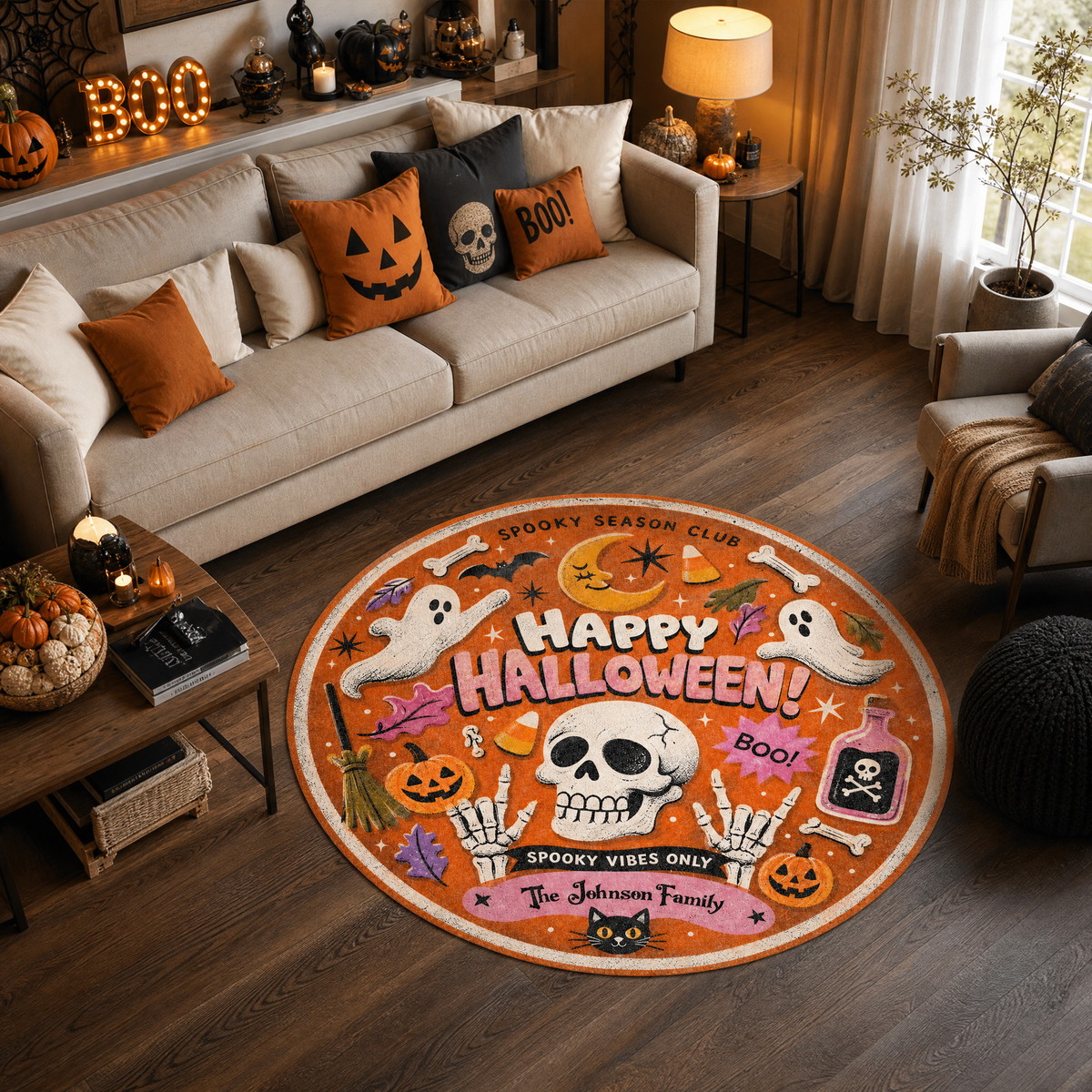 Personalized Happy Halloween Skull Ghost Spooky Season Club Round Rug Custom Family Name Home Decor Floor Mat