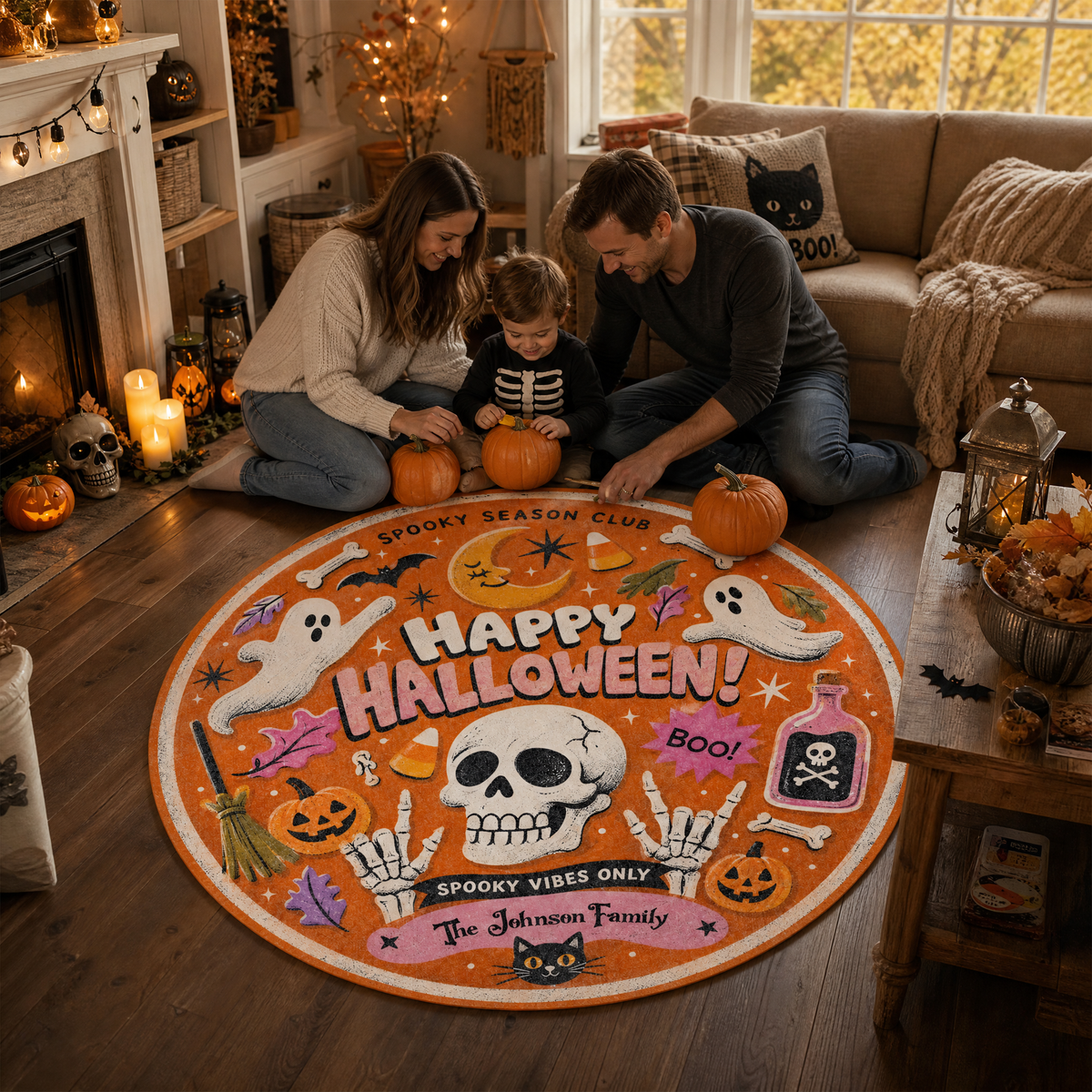Personalized Happy Halloween Skull Ghost Spooky Season Club Round Rug Custom Family Name Home Decor Floor Mat