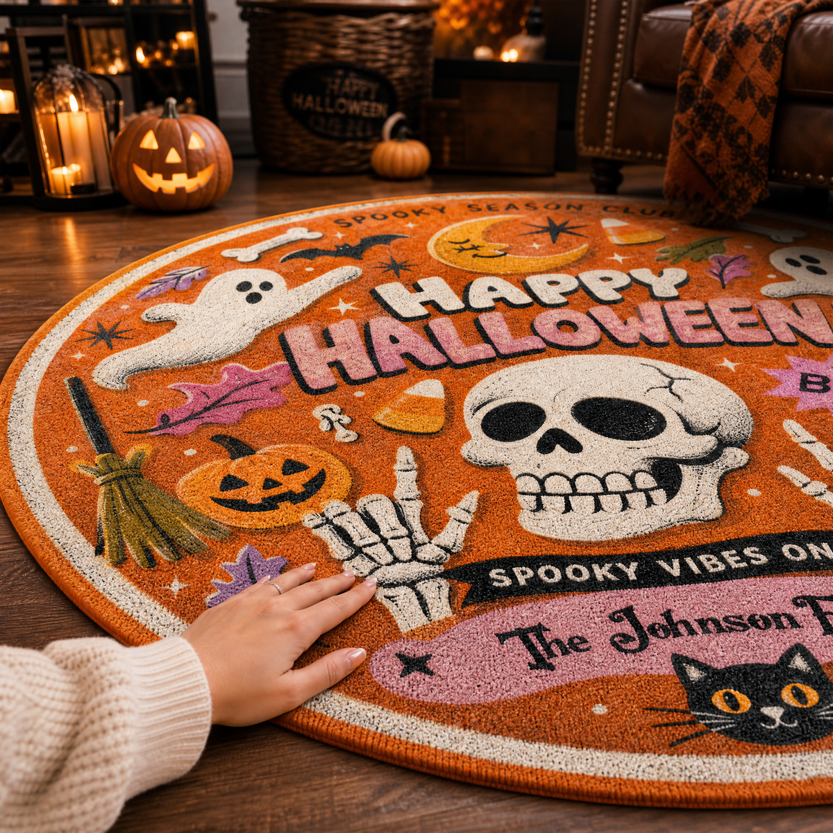 Personalized Happy Halloween Skull Ghost Spooky Season Club Round Rug Custom Family Name Home Decor Floor Mat