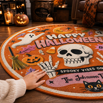 Personalized Happy Halloween Skull Ghost Spooky Season Club Round Rug Custom Family Name Home Decor Floor Mat