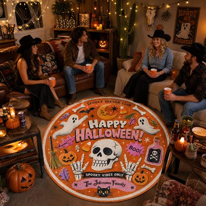 Personalized Happy Halloween Skull Ghost Spooky Season Club Round Rug Custom Family Name Home Decor Floor Mat