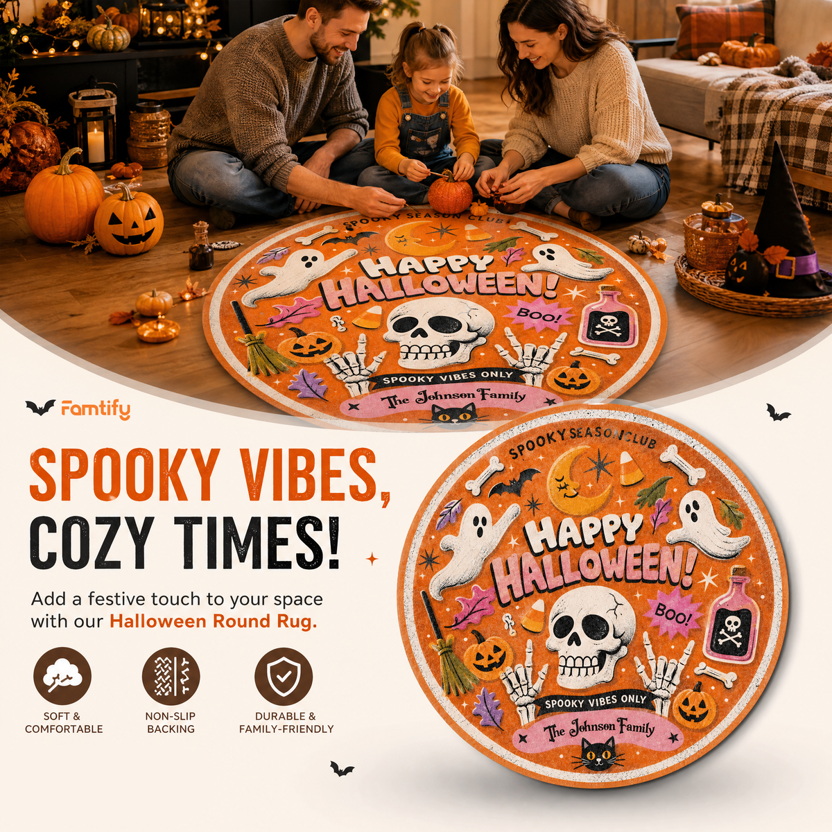 Personalized Happy Halloween Skull Ghost Spooky Season Club Round Rug Custom Family Name Home Decor Floor Mat