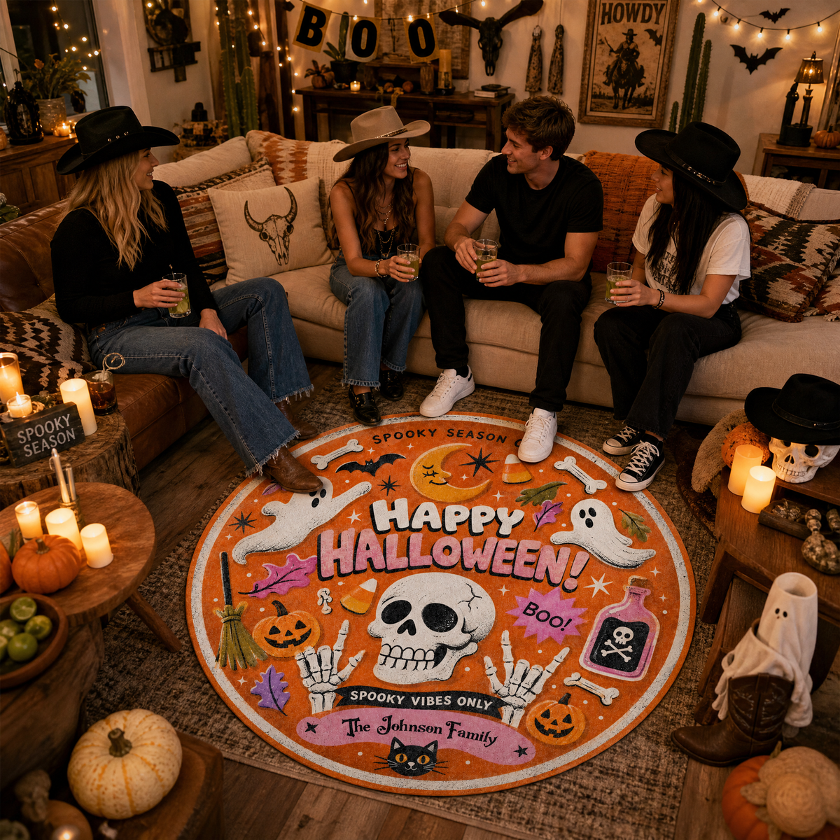 Personalized Happy Halloween Skull Ghost Spooky Season Club Round Rug Custom Family Name Home Decor Floor Mat