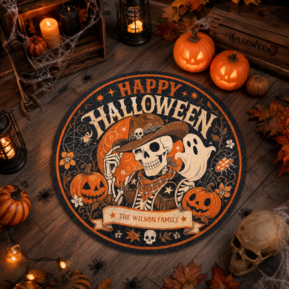 Personalized Happy Halloween Cowboy Skeleton Ghost Round Rug Custom Family Name Home Decor Floor Mat