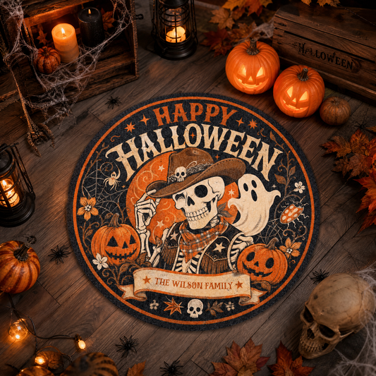 Personalized Happy Halloween Cowboy Skeleton Ghost Round Rug Custom Family Name Home Decor Floor Mat