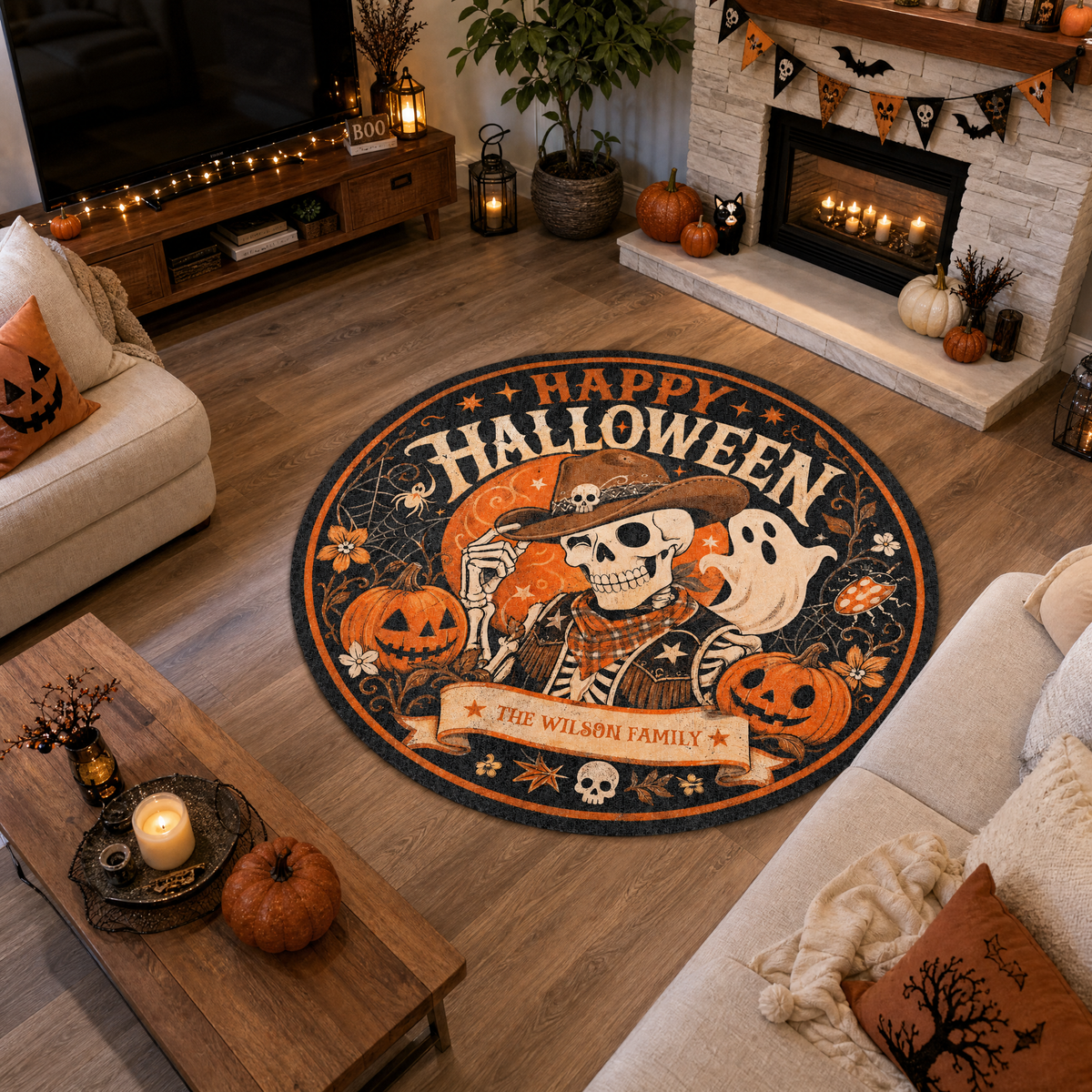 Personalized Happy Halloween Cowboy Skeleton Ghost Round Rug Custom Family Name Home Decor Floor Mat