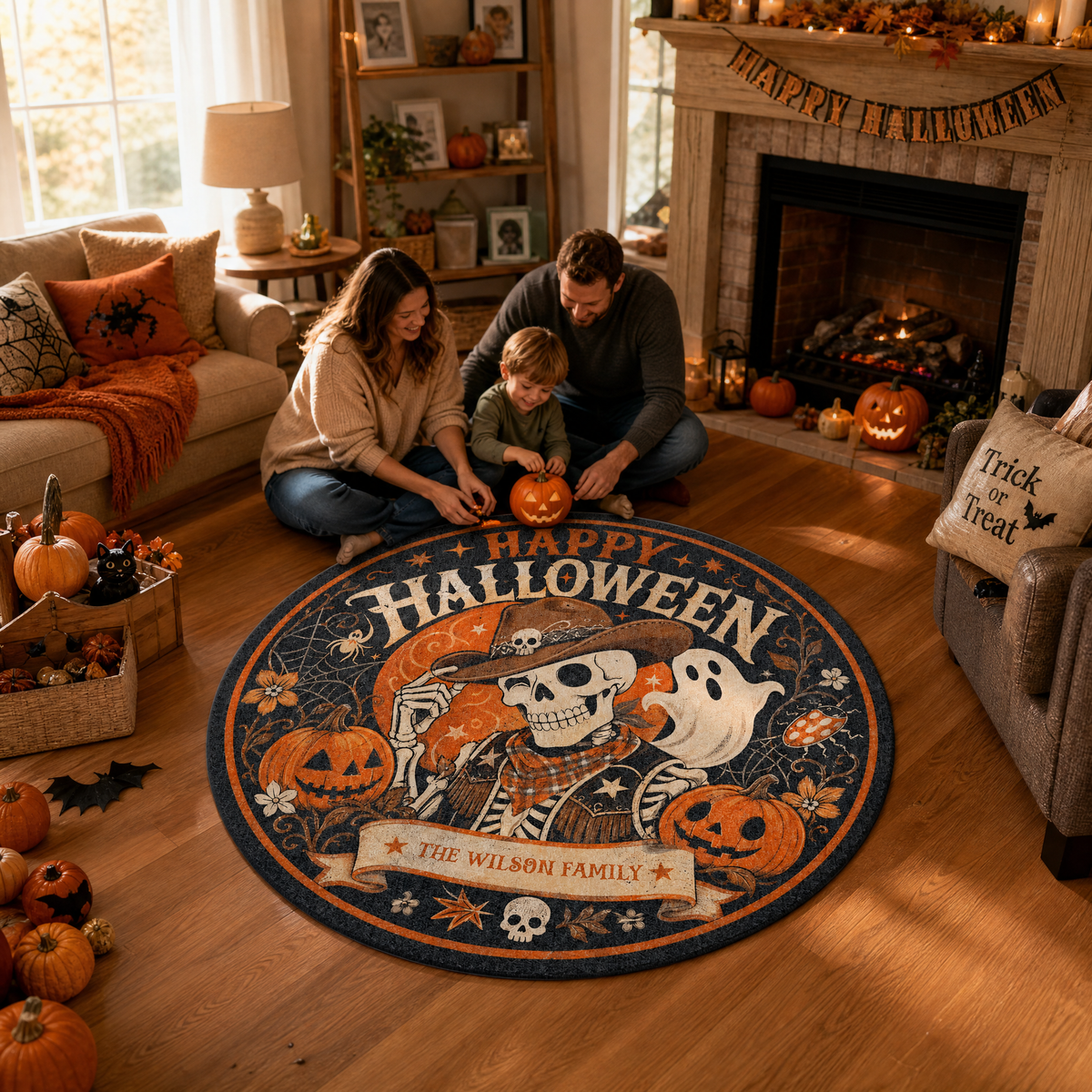 Personalized Happy Halloween Cowboy Skeleton Ghost Round Rug Custom Family Name Home Decor Floor Mat