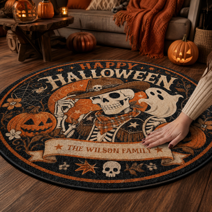 Personalized Happy Halloween Cowboy Skeleton Ghost Round Rug Custom Family Name Home Decor Floor Mat