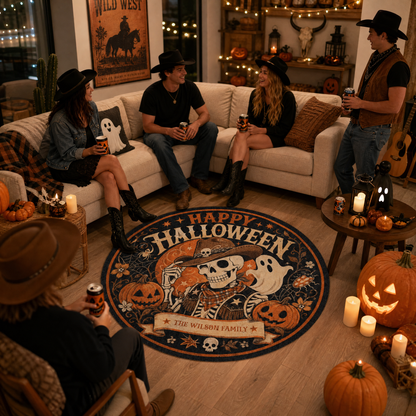 Personalized Happy Halloween Cowboy Skeleton Ghost Round Rug Custom Family Name Home Decor Floor Mat