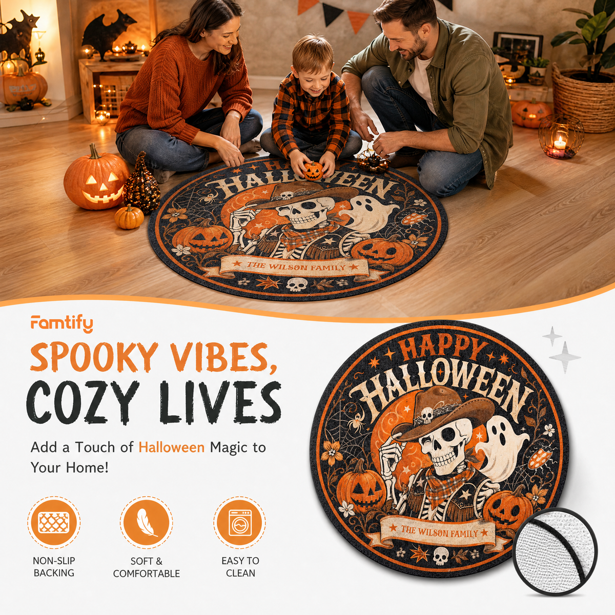 Personalized Happy Halloween Cowboy Skeleton Ghost Round Rug Custom Family Name Home Decor Floor Mat