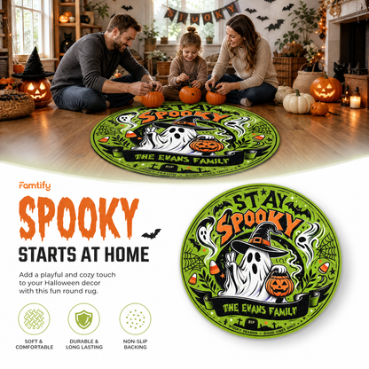 Personalized Halloween Stay Spooky Witch Hat Ghost Round Rug Custom Family Name Home Decor Floor Mat
