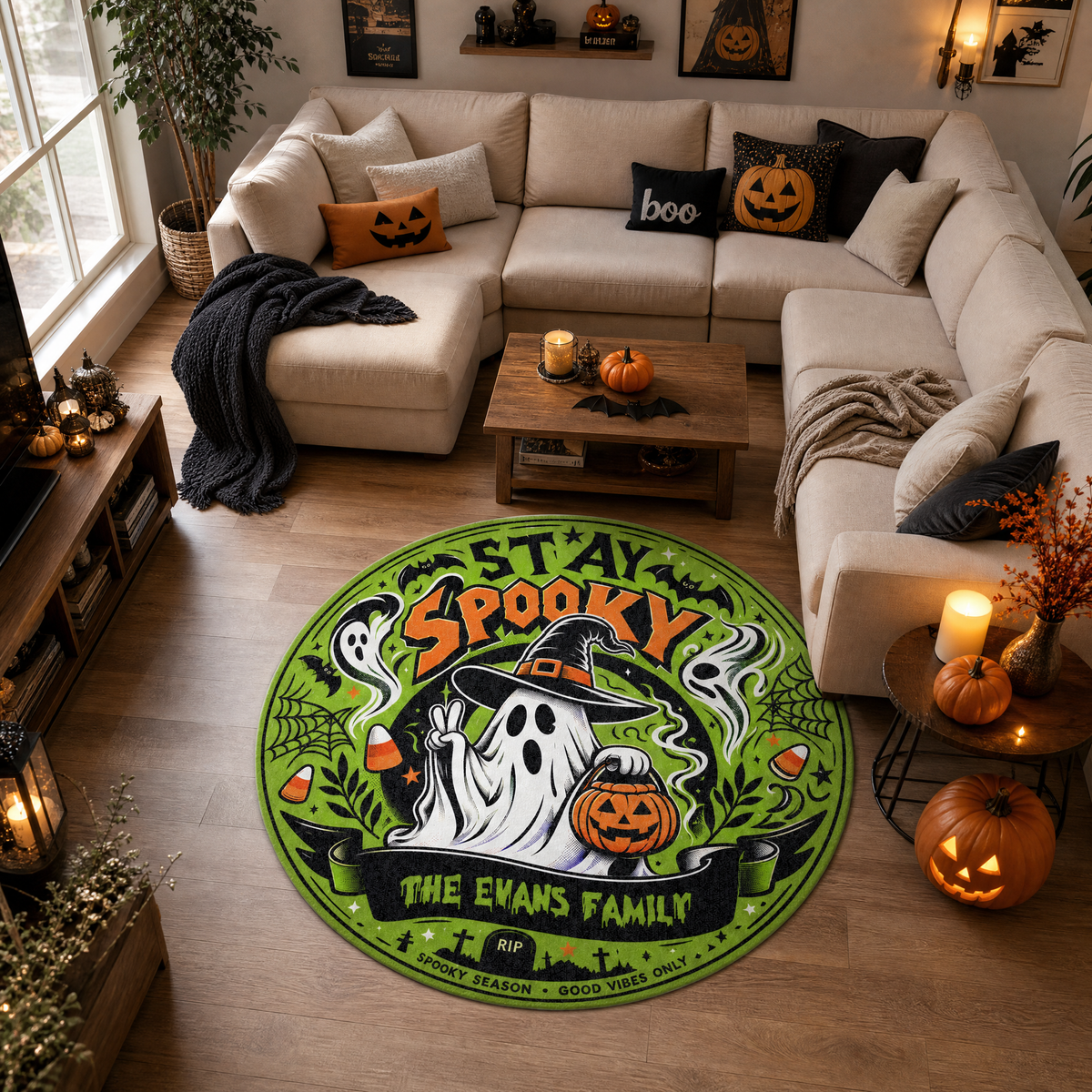 Personalized Halloween Stay Spooky Witch Hat Ghost Round Rug Custom Family Name Home Decor Floor Mat