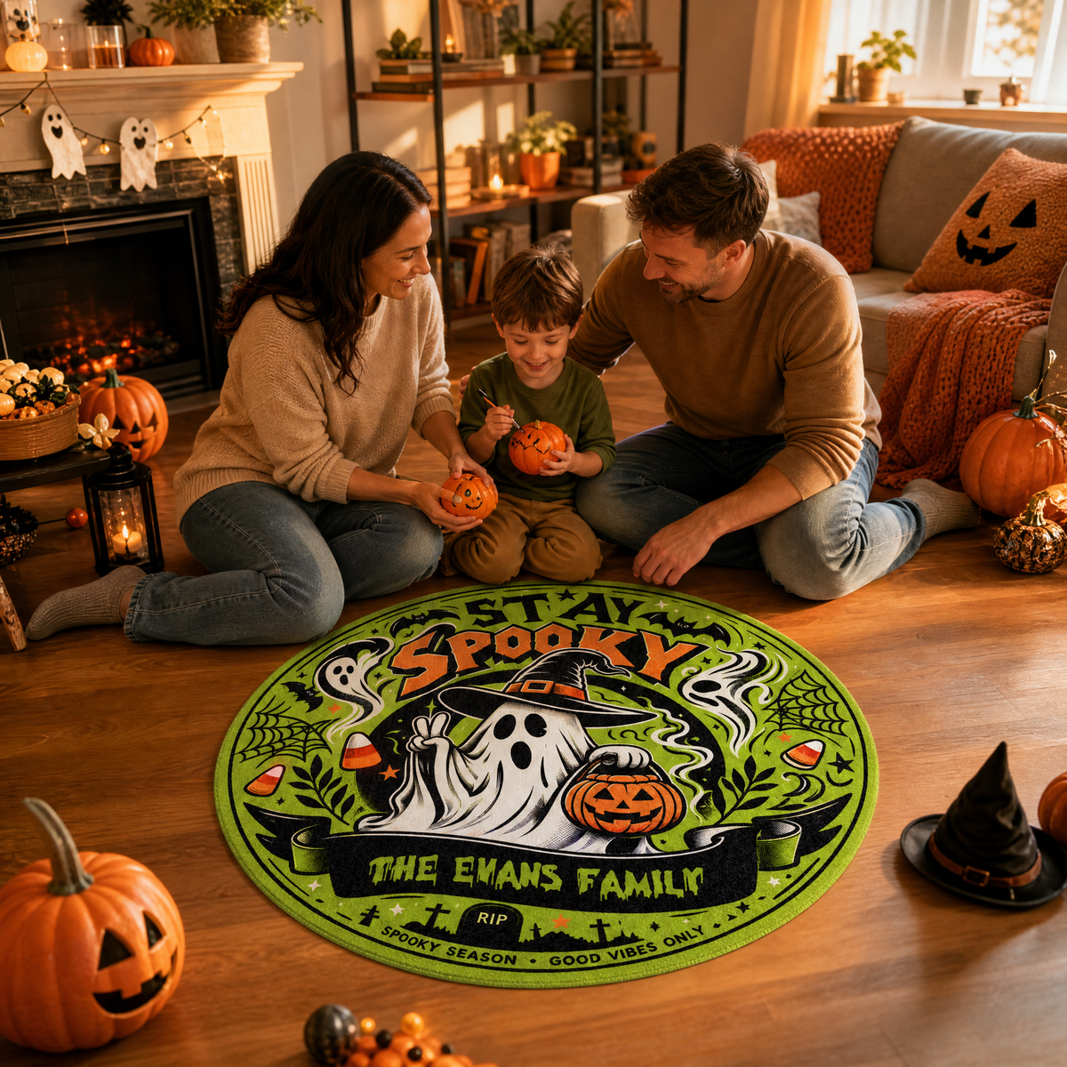 Personalized Halloween Stay Spooky Witch Hat Ghost Round Rug Custom Family Name Home Decor Floor Mat