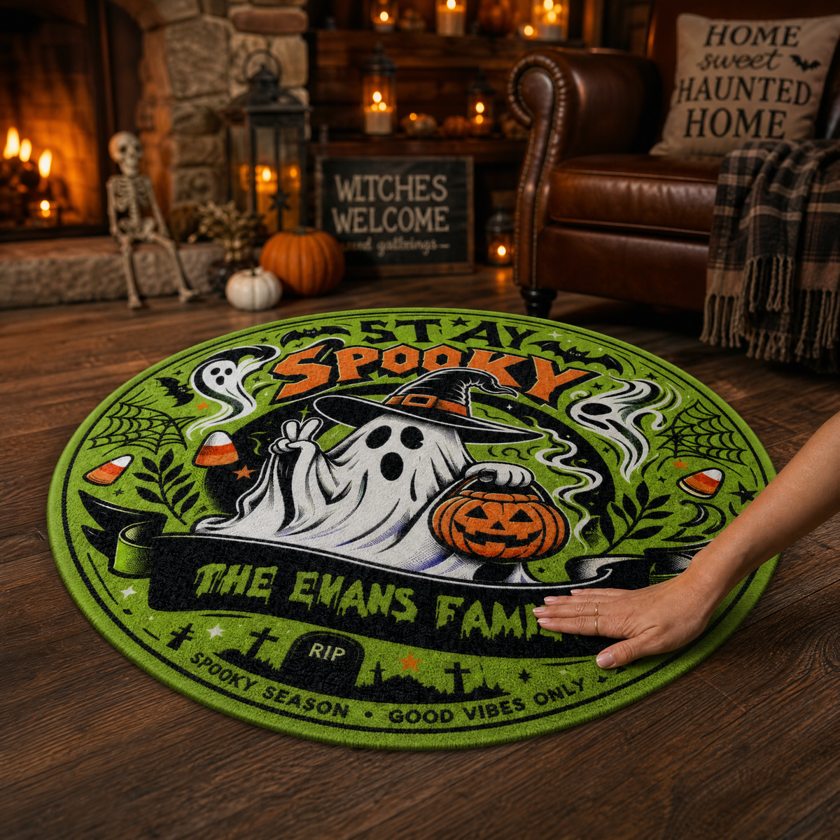 Personalized Halloween Stay Spooky Witch Hat Ghost Round Rug Custom Family Name Home Decor Floor Mat