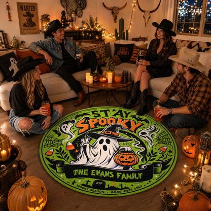Personalized Halloween Stay Spooky Witch Hat Ghost Round Rug Custom Family Name Home Decor Floor Mat