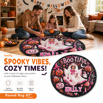 Personalized Halloween Bootiful Photo Ghost Pumpkin Round Rug Custom Name Home Decor Floor Mat