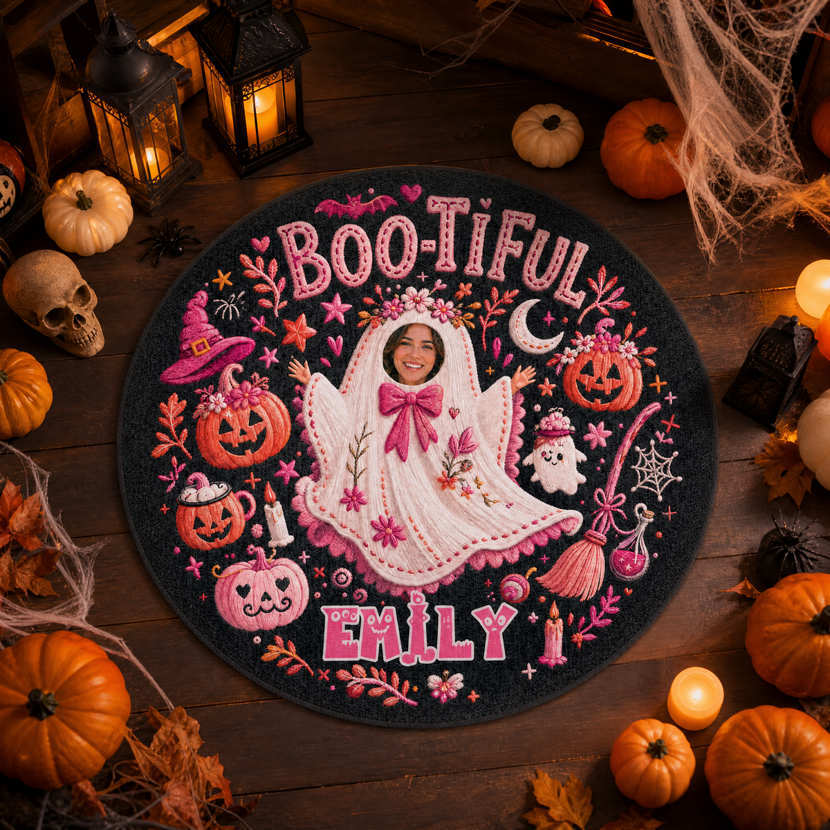 Personalized Halloween Bootiful Photo Ghost Pumpkin Round Rug Custom Name Home Decor Floor Mat