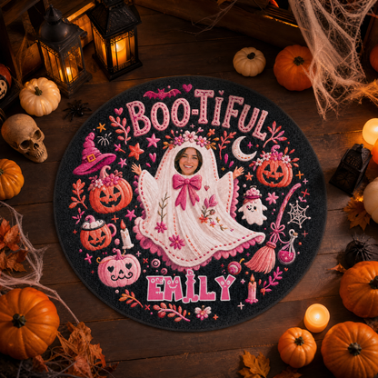 Personalized Halloween Bootiful Photo Ghost Pumpkin Round Rug Custom Name Home Decor Floor Mat