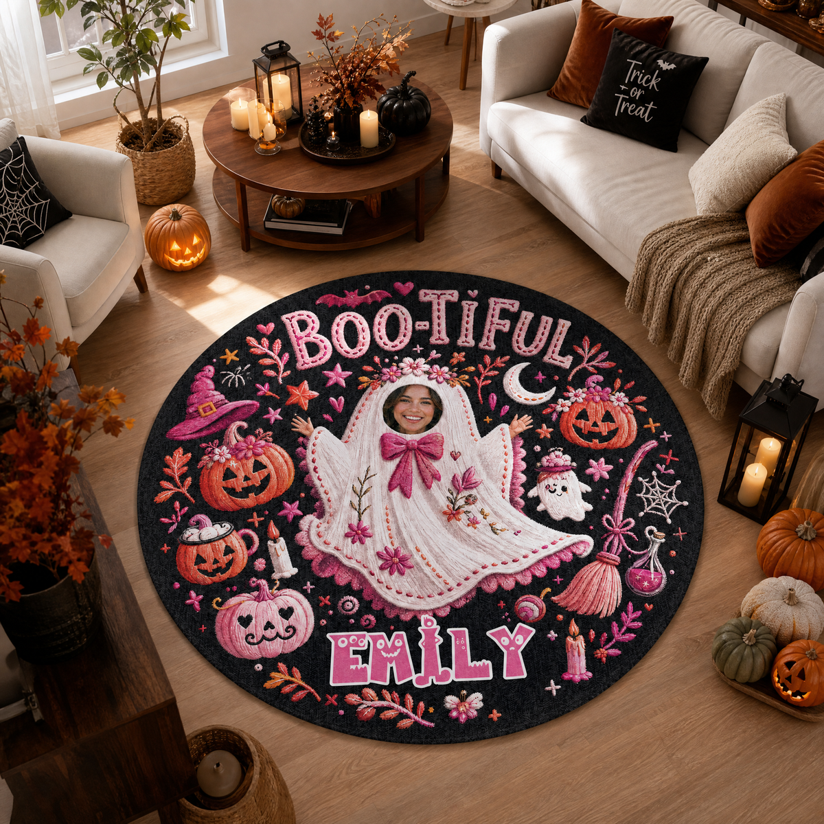 Personalized Halloween Bootiful Photo Ghost Pumpkin Round Rug Custom Name Home Decor Floor Mat