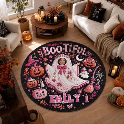 Personalized Halloween Bootiful Photo Ghost Pumpkin Round Rug Custom Name Home Decor Floor Mat