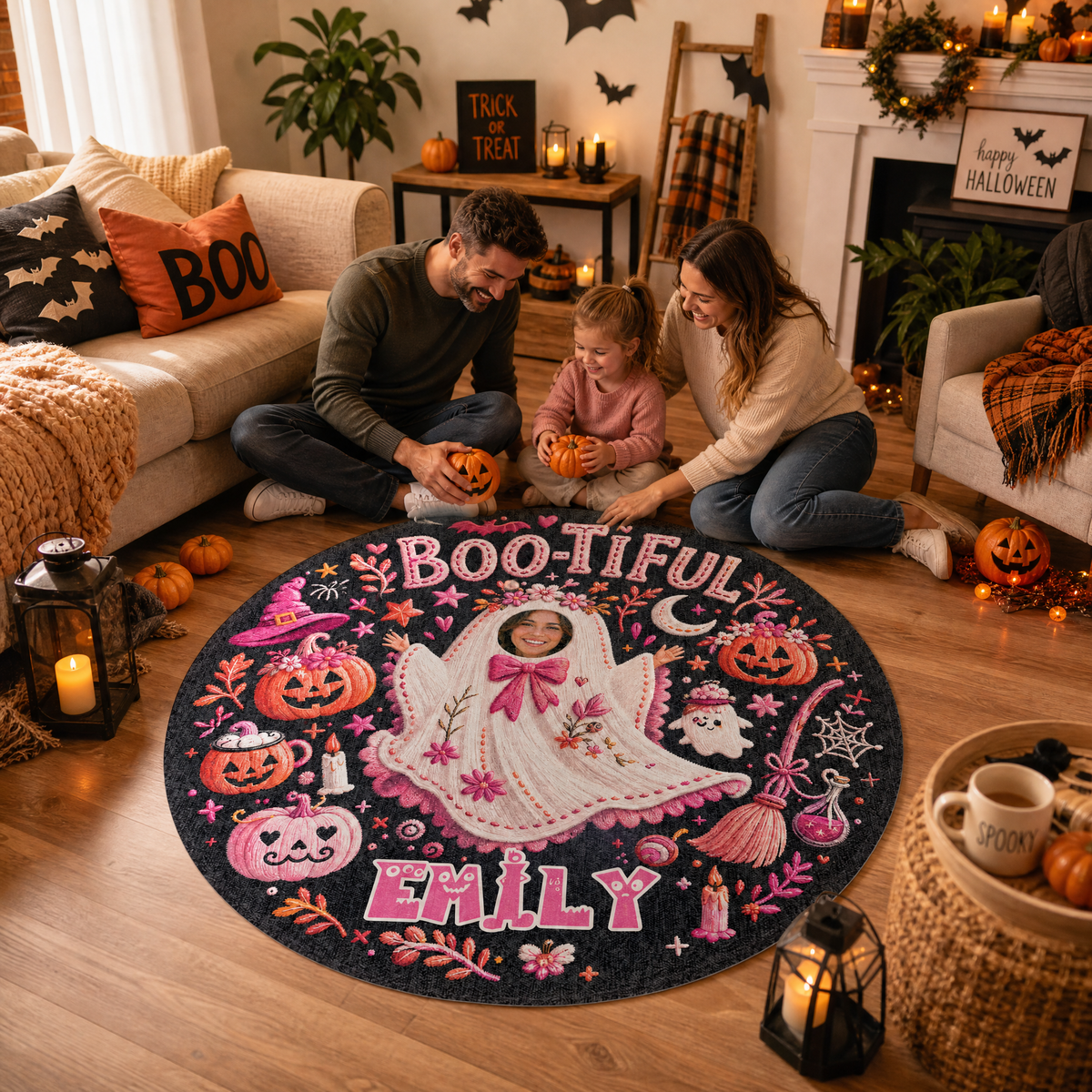 Personalized Halloween Bootiful Photo Ghost Pumpkin Round Rug Custom Name Home Decor Floor Mat