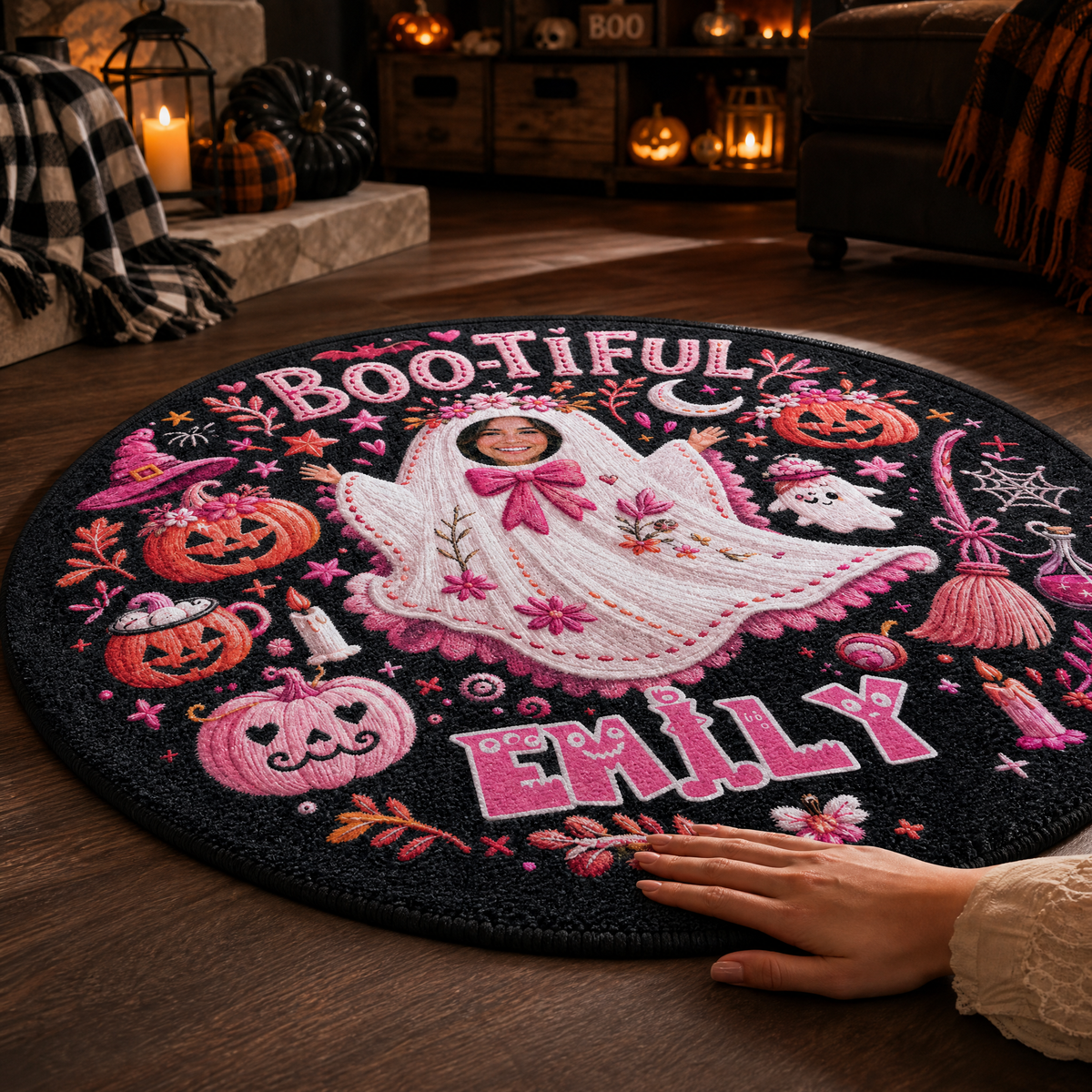 Personalized Halloween Bootiful Photo Ghost Pumpkin Round Rug Custom Name Home Decor Floor Mat