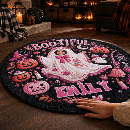 Personalized Halloween Bootiful Photo Ghost Pumpkin Round Rug Custom Name Home Decor Floor Mat