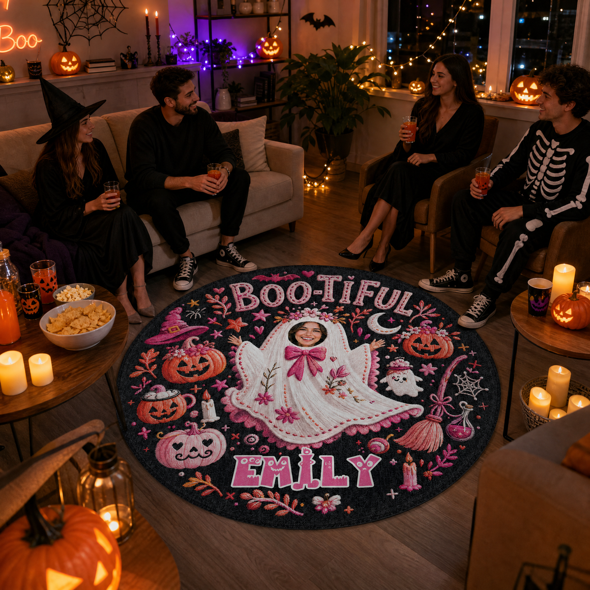Personalized Halloween Bootiful Photo Ghost Pumpkin Round Rug Custom Name Home Decor Floor Mat