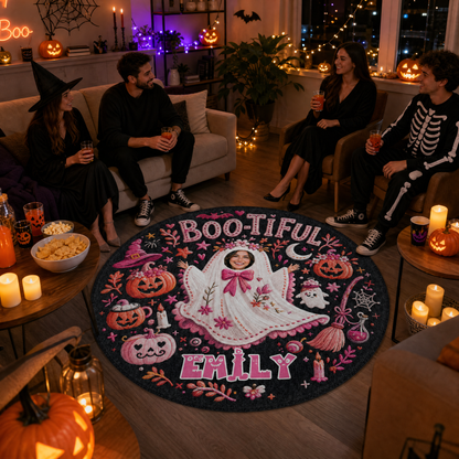 Personalized Halloween Bootiful Photo Ghost Pumpkin Round Rug Custom Name Home Decor Floor Mat