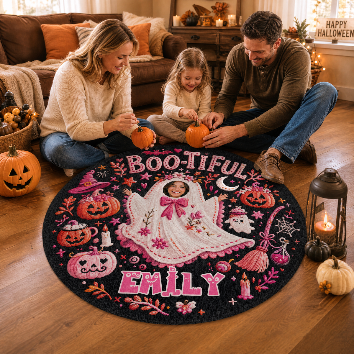 Personalized Halloween Bootiful Photo Ghost Pumpkin Round Rug Custom Name Home Decor Floor Mat