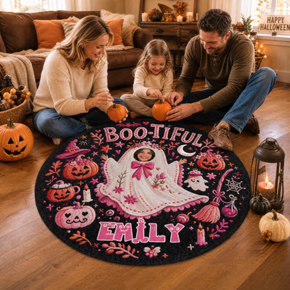 Personalized Halloween Bootiful Photo Ghost Pumpkin Round Rug Custom Name Home Decor Floor Mat