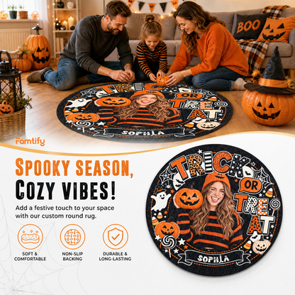 Personalized Halloween Trick Or Treat Custom Photo Pumpkin Ghost Round Rug Custom Name Home Decor Floor Mat