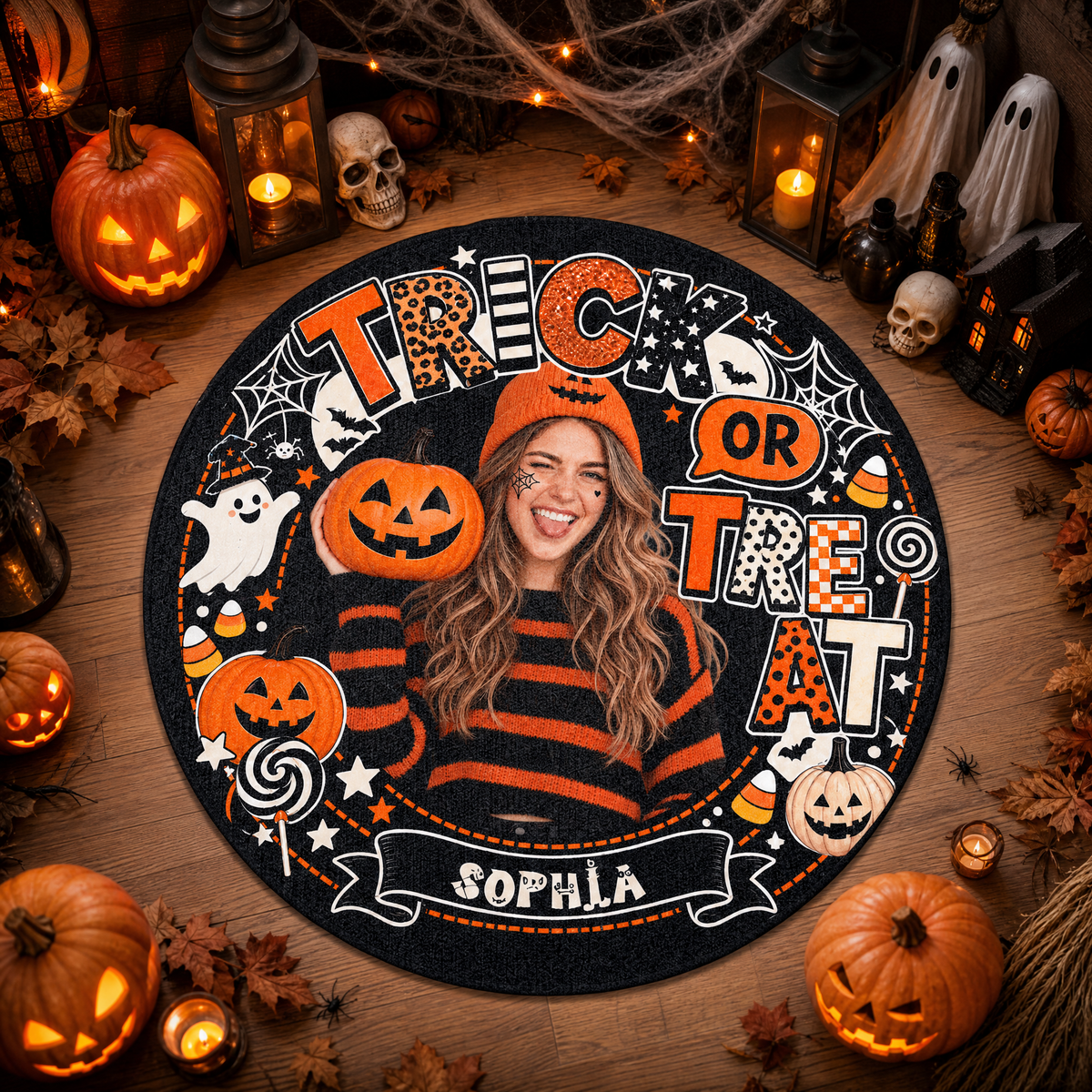 Personalized Halloween Trick Or Treat Custom Photo Pumpkin Ghost Round Rug Custom Name Home Decor Floor Mat