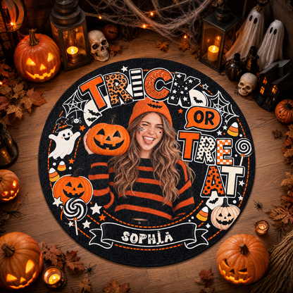 Personalized Halloween Trick Or Treat Custom Photo Pumpkin Ghost Round Rug Custom Name Home Decor Floor Mat