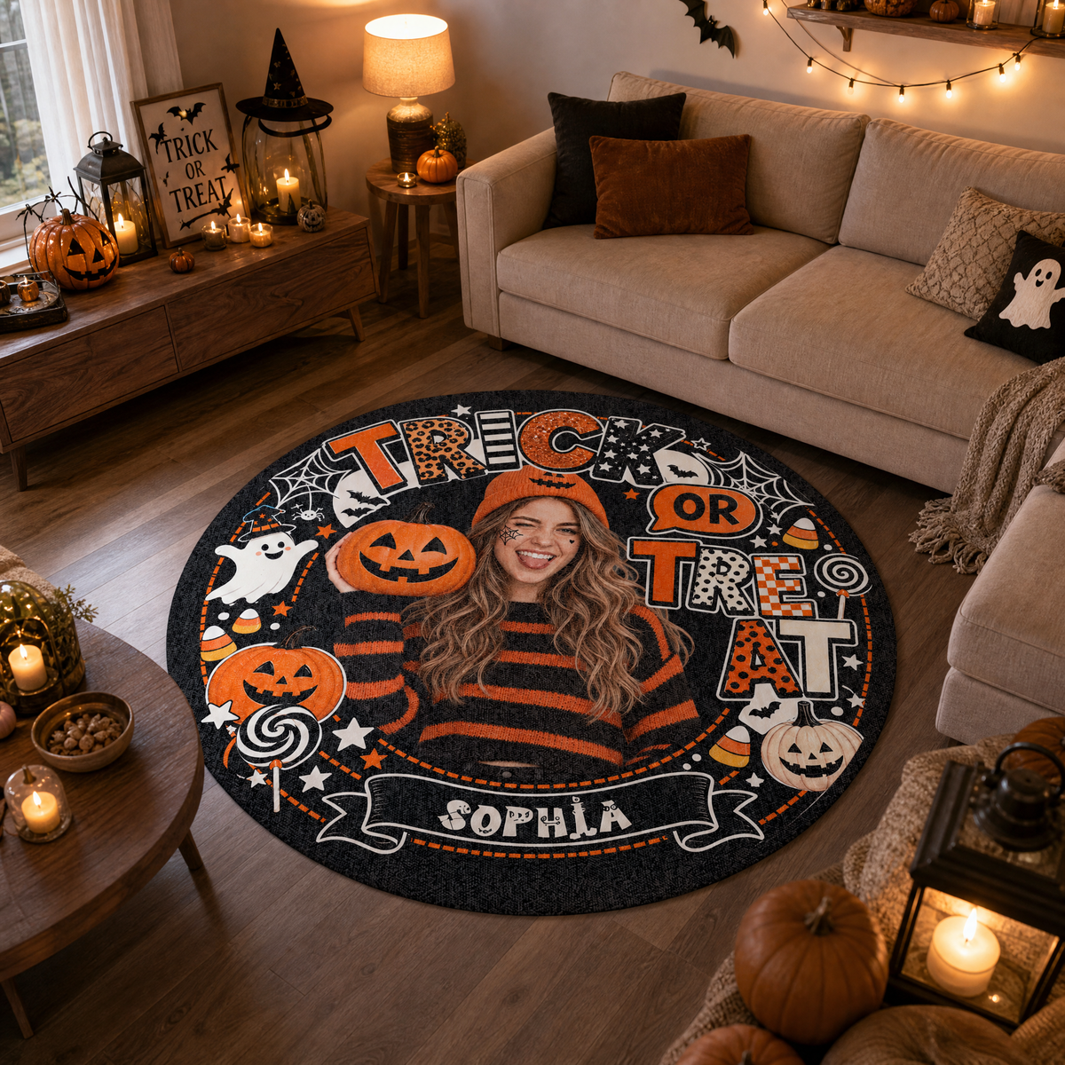 Personalized Halloween Trick Or Treat Custom Photo Pumpkin Ghost Round Rug Custom Name Home Decor Floor Mat