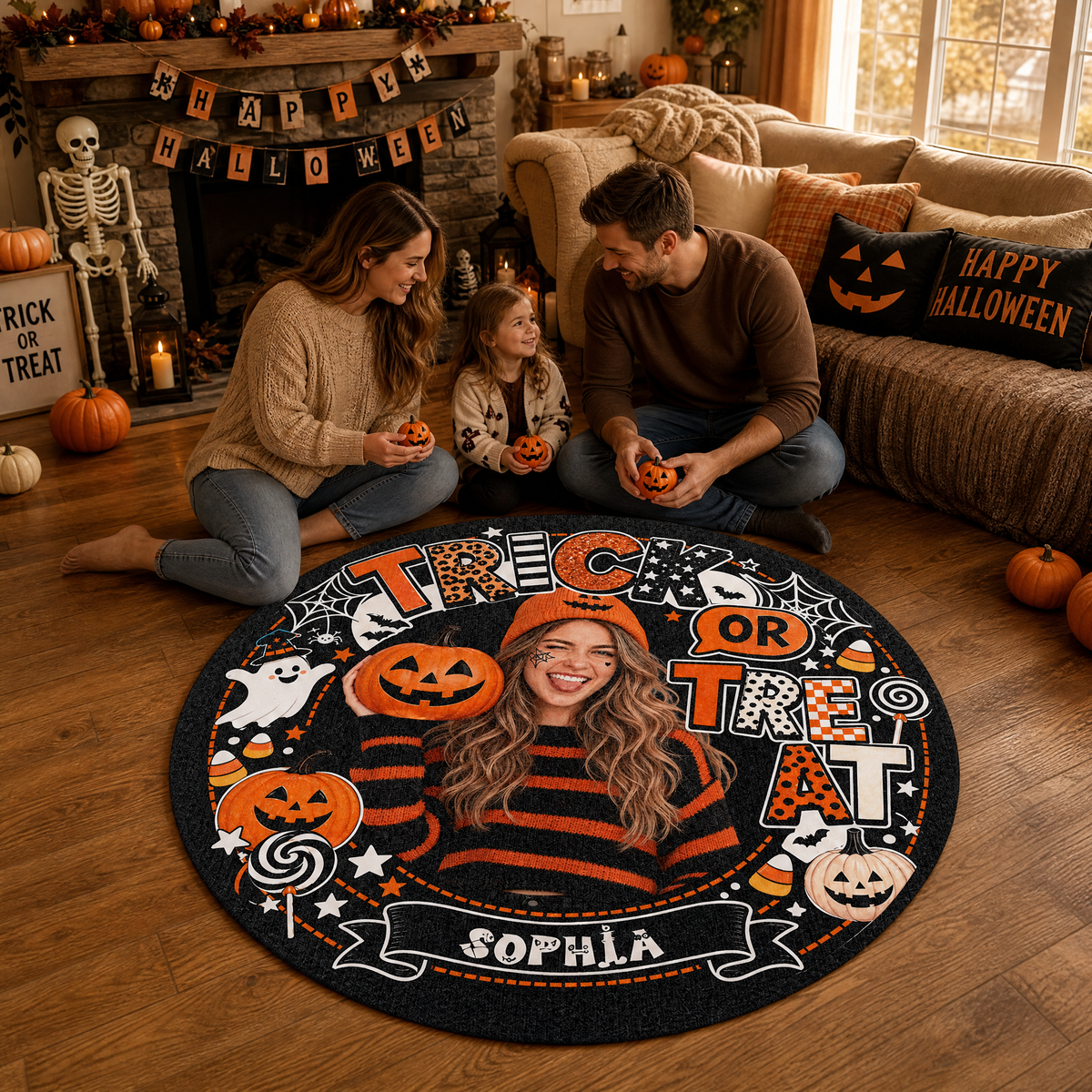 Personalized Halloween Trick Or Treat Custom Photo Pumpkin Ghost Round Rug Custom Name Home Decor Floor Mat