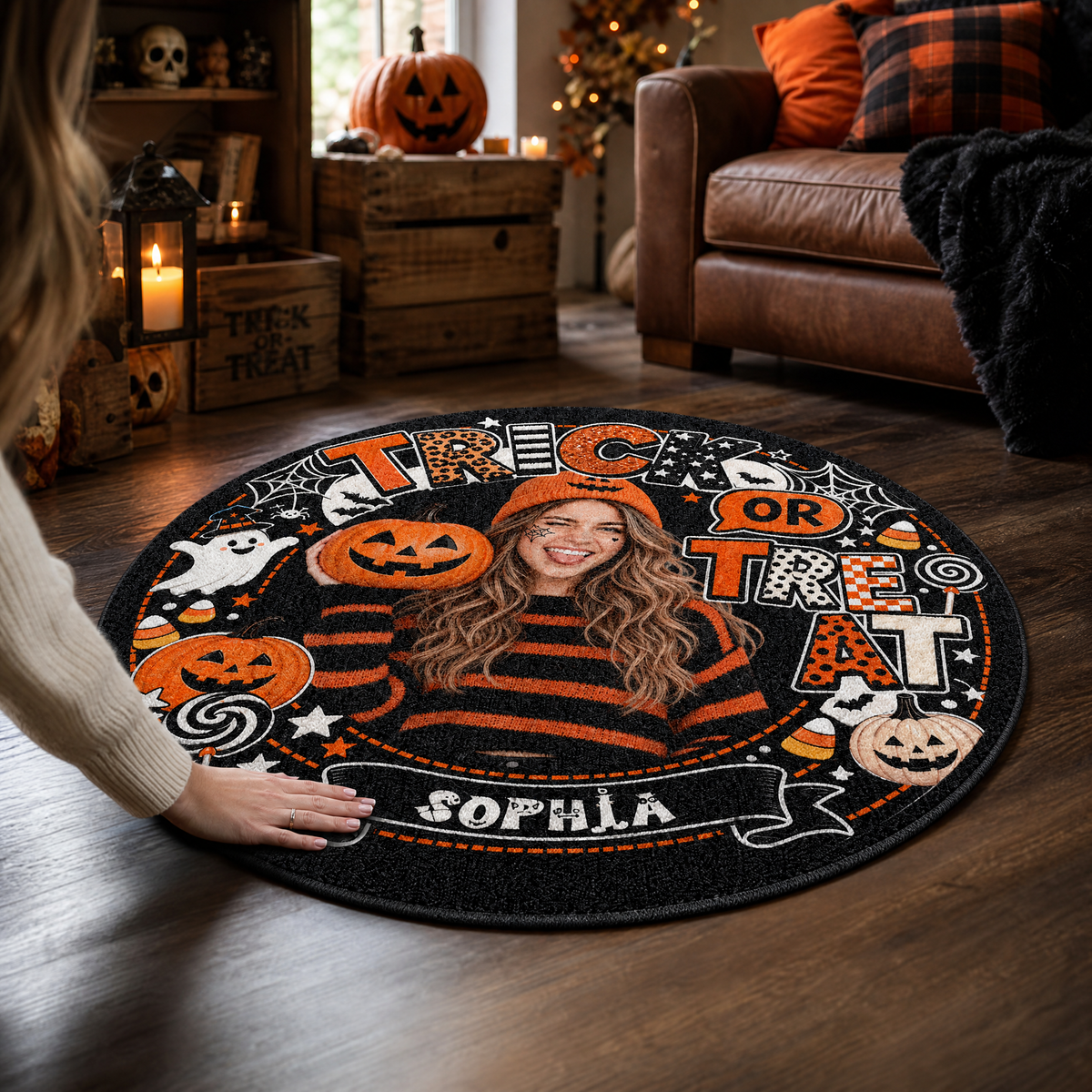 Personalized Halloween Trick Or Treat Custom Photo Pumpkin Ghost Round Rug Custom Name Home Decor Floor Mat
