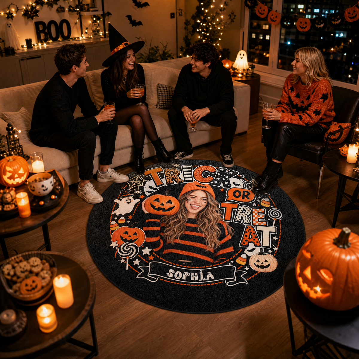 Personalized Halloween Trick Or Treat Custom Photo Pumpkin Ghost Round Rug Custom Name Home Decor Floor Mat