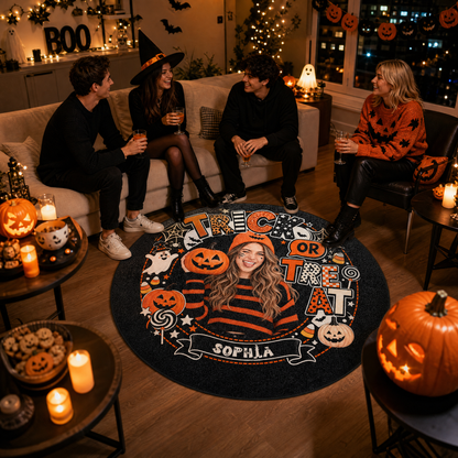 Personalized Halloween Trick Or Treat Custom Photo Pumpkin Ghost Round Rug Custom Name Home Decor Floor Mat