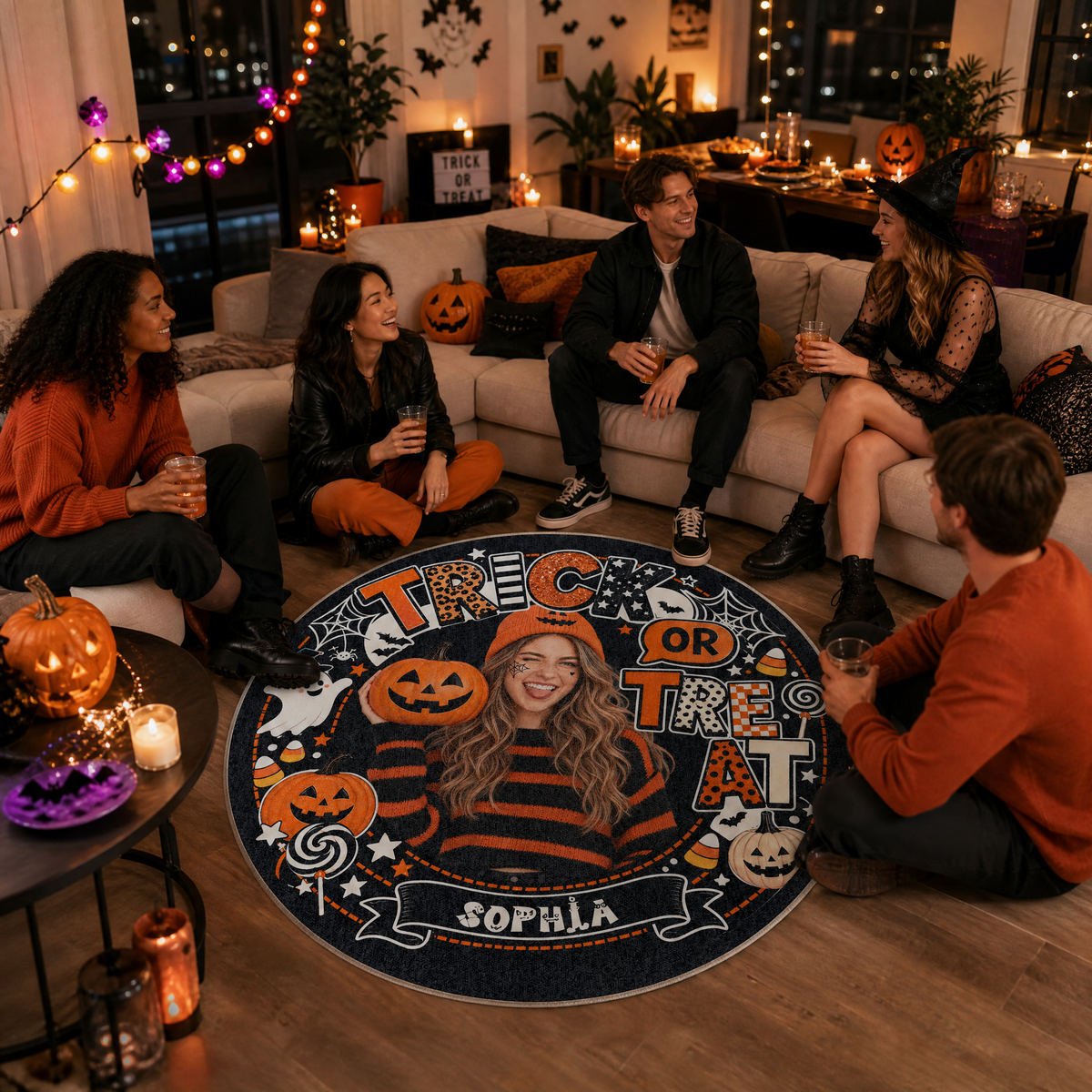 Personalized Halloween Trick Or Treat Custom Photo Pumpkin Ghost Round Rug Custom Name Home Decor Floor Mat